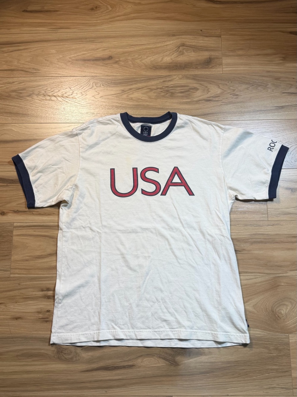USA Graphic Ringer Tee - White with Navy Trim